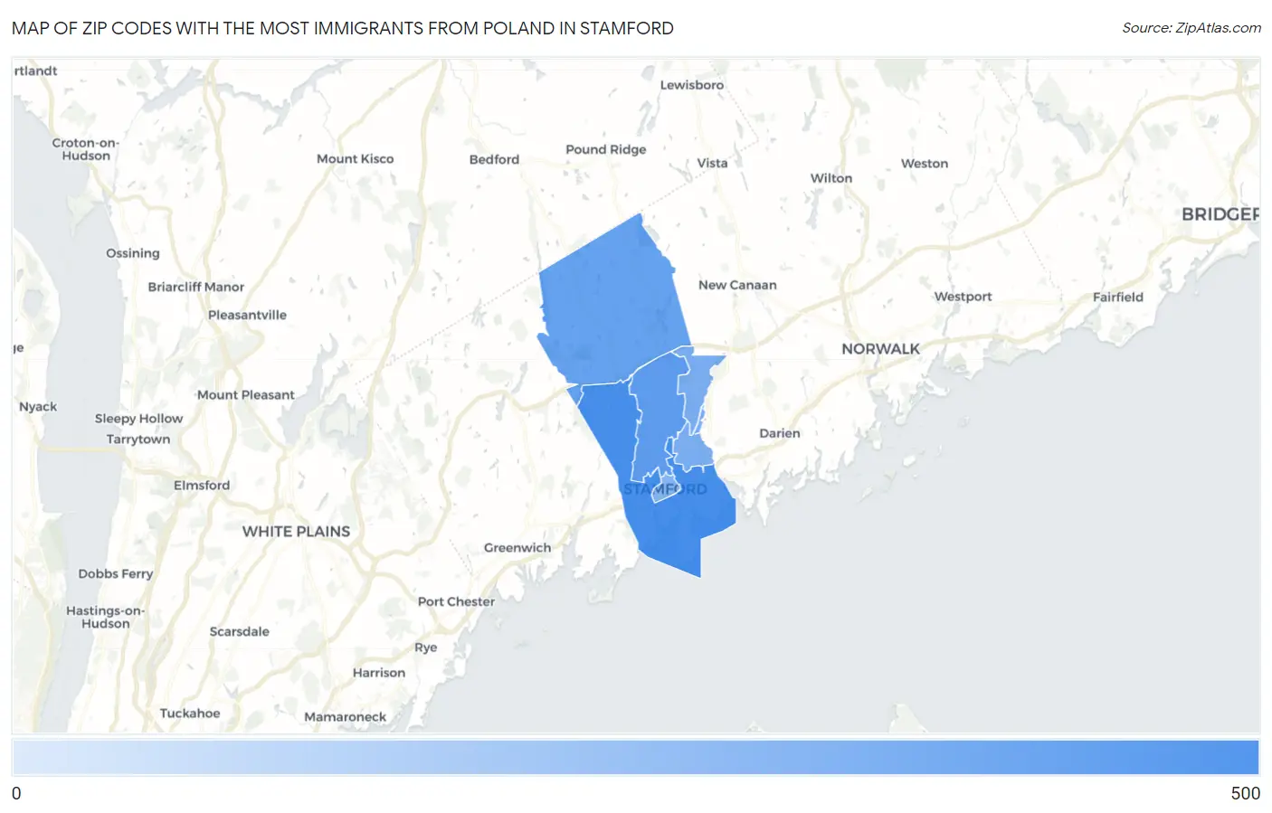 Zip Codes with the Most Immigrants from Poland in Stamford Map