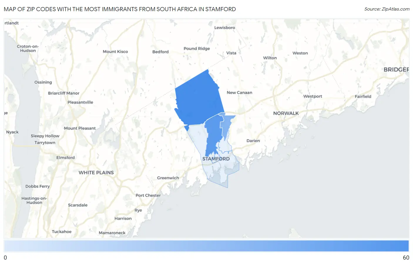 Zip Codes with the Most Immigrants from South Africa in Stamford Map