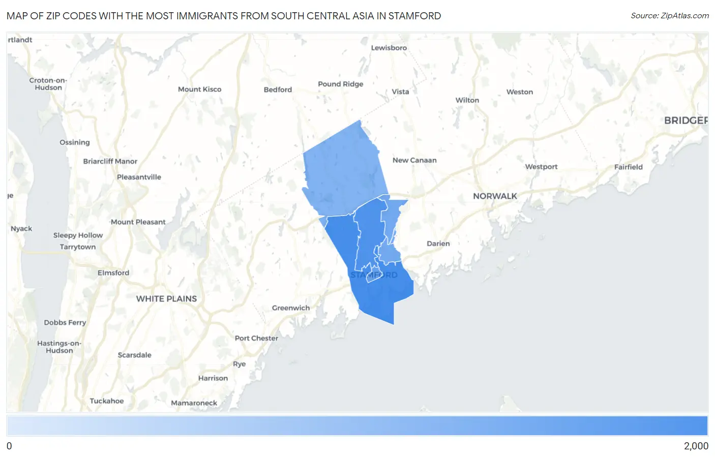 Zip Codes with the Most Immigrants from South Central Asia in Stamford Map