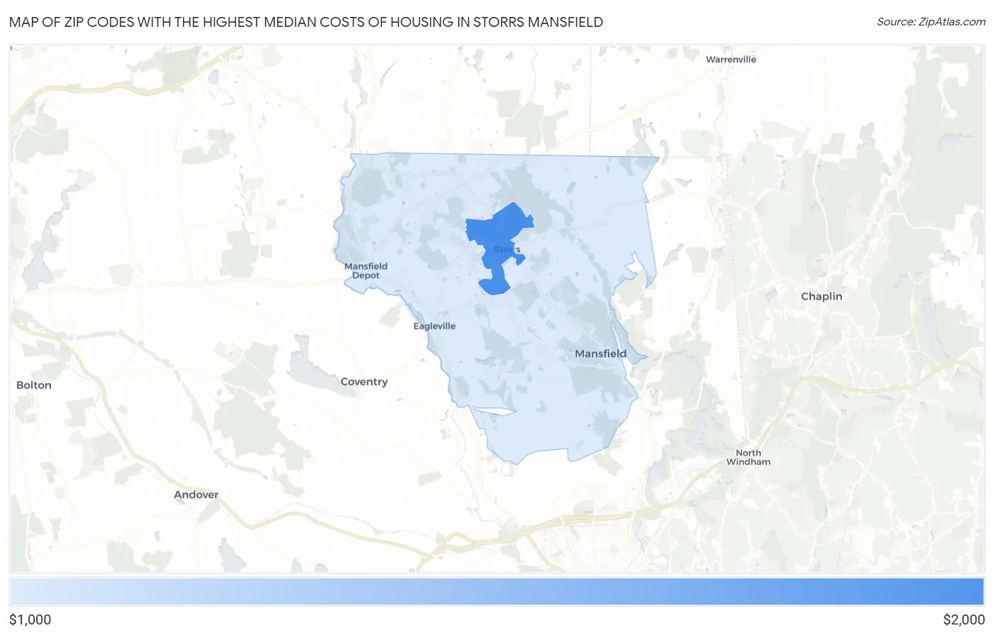Zip Codes with the Highest Median Costs of Housing in Storrs Mansfield Map