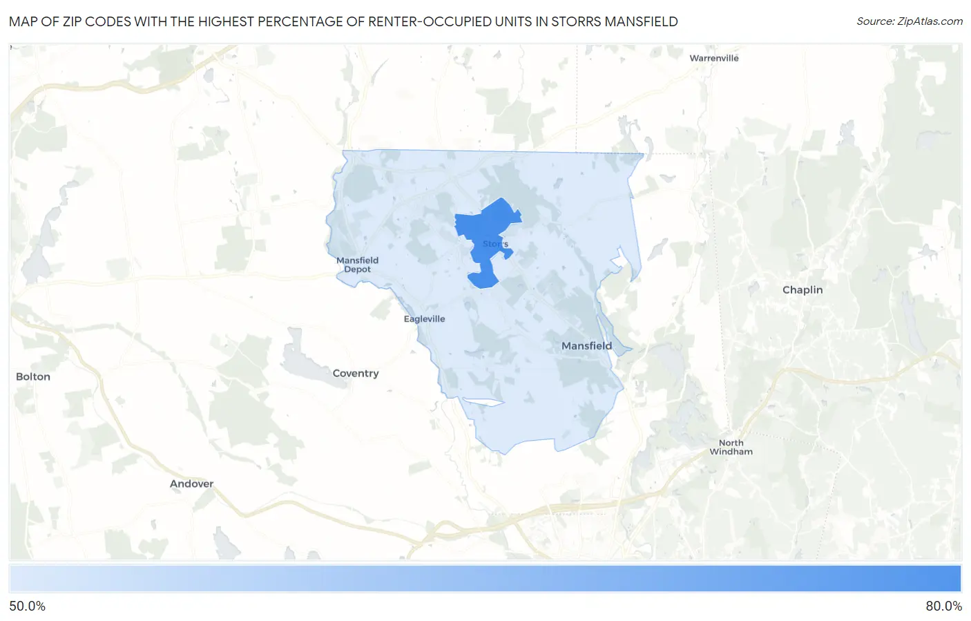 Zip Codes with the Highest Percentage of Renter-Occupied Units in Storrs Mansfield Map