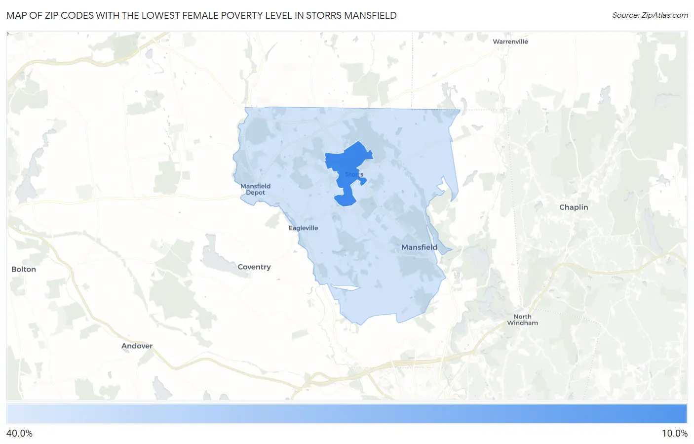 Zip Codes with the Lowest Female Poverty Level in Storrs Mansfield Map