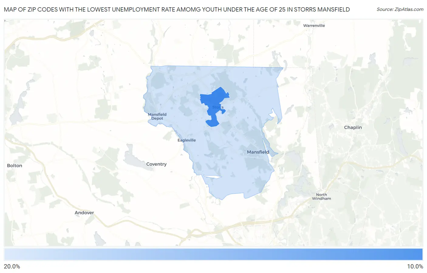 Zip Codes with the Lowest Unemployment Rate Amomg Youth Under the Age of 25 in Storrs Mansfield Map