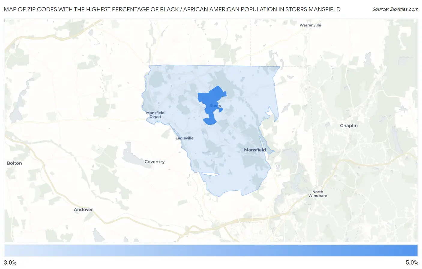 Zip Codes with the Highest Percentage of Black / African American Population in Storrs Mansfield Map