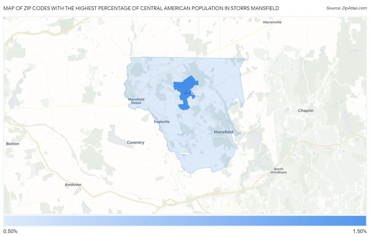 Zip Codes with the Highest Percentage of Central American Population in Storrs Mansfield Map