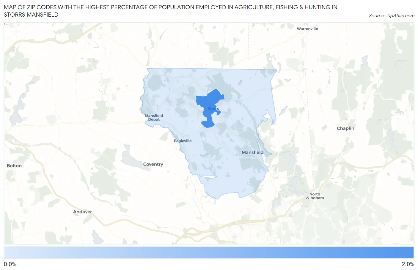 Zip Codes with the Highest Percentage of Population Employed in Agriculture, Fishing & Hunting in Storrs Mansfield Map
