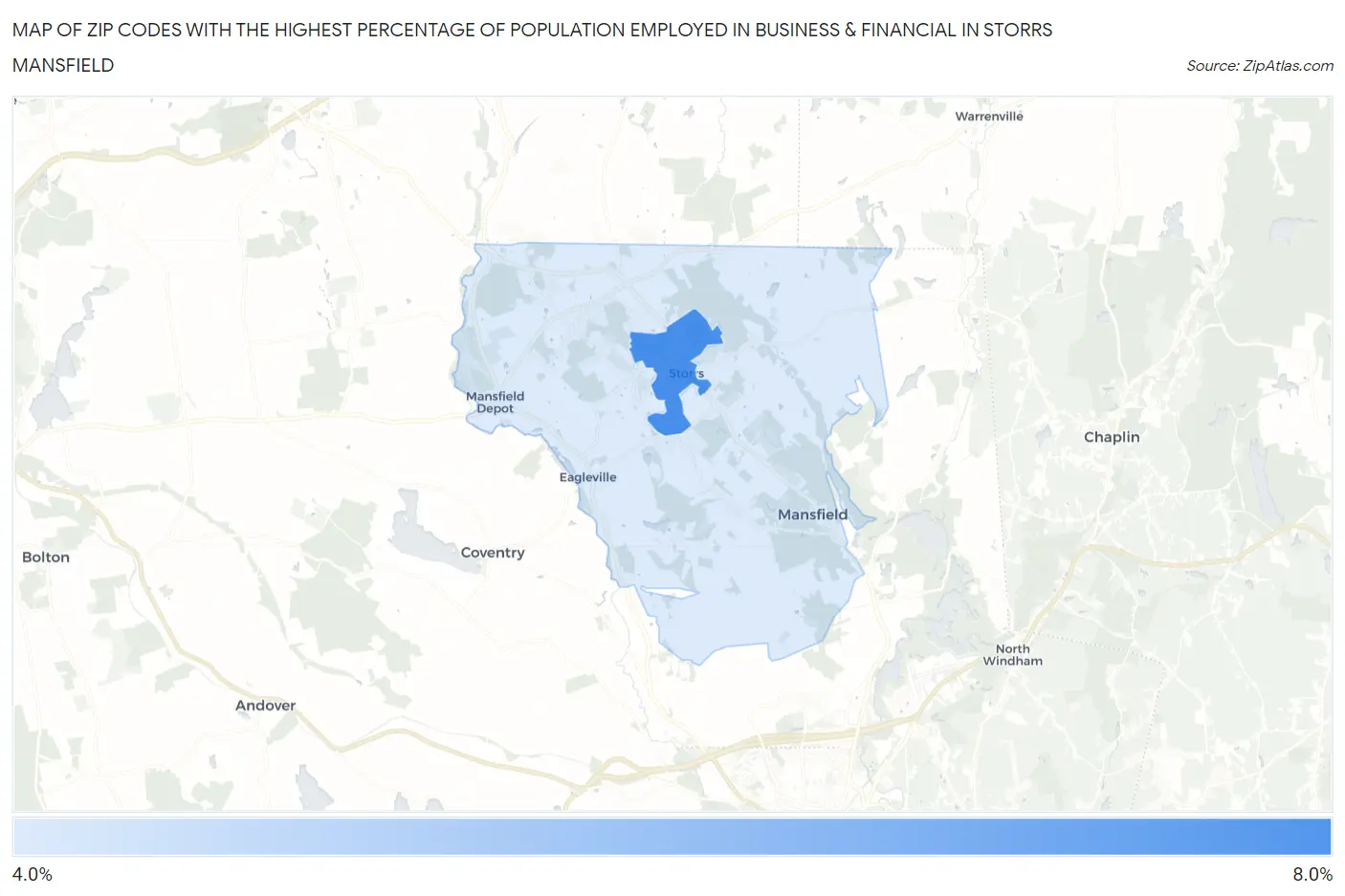Zip Codes with the Highest Percentage of Population Employed in Business & Financial in Storrs Mansfield Map