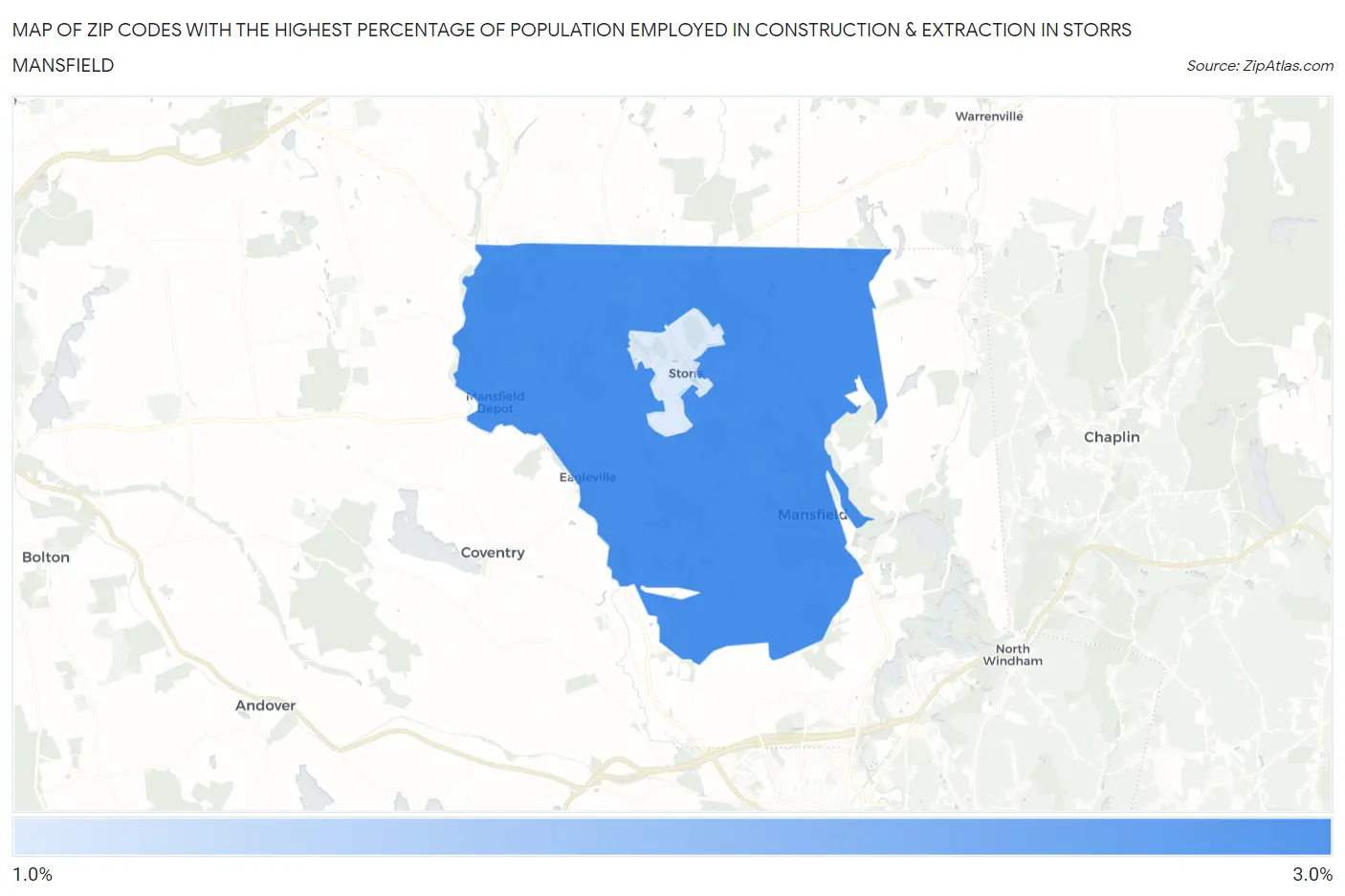 Zip Codes with the Highest Percentage of Population Employed in Construction & Extraction in Storrs Mansfield Map