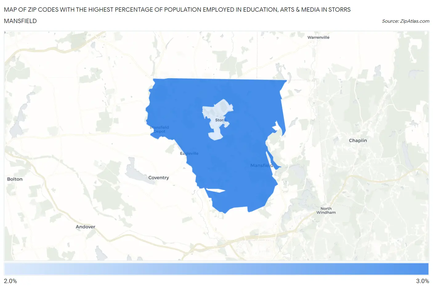 Zip Codes with the Highest Percentage of Population Employed in Education, Arts & Media in Storrs Mansfield Map