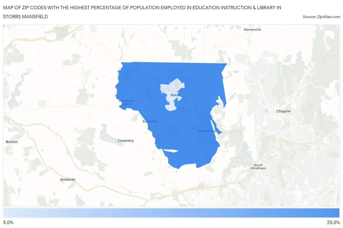 Zip Codes with the Highest Percentage of Population Employed in Education Instruction & Library in Storrs Mansfield Map