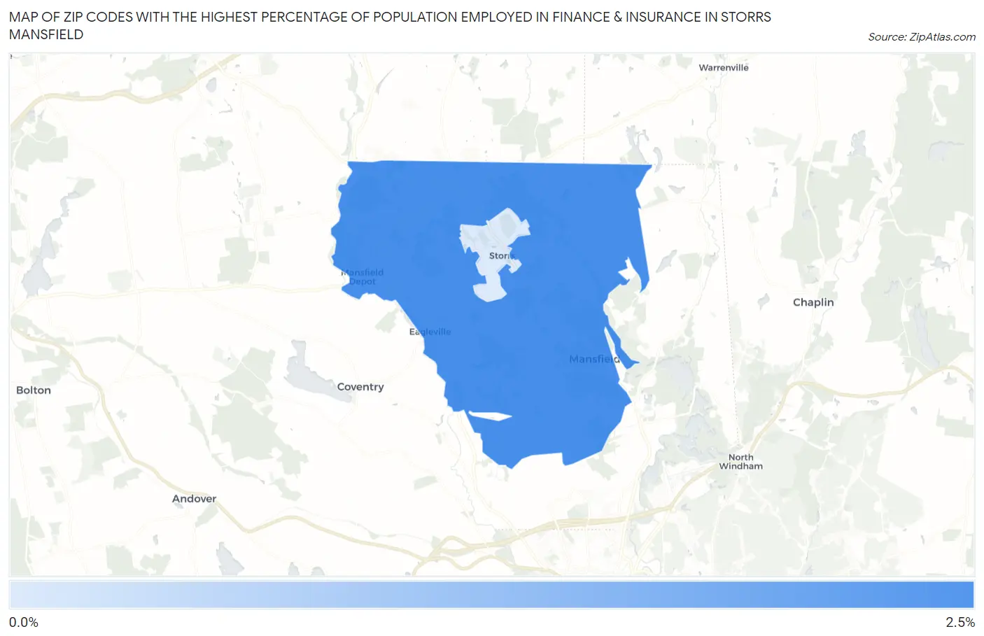 Zip Codes with the Highest Percentage of Population Employed in Finance & Insurance in Storrs Mansfield Map