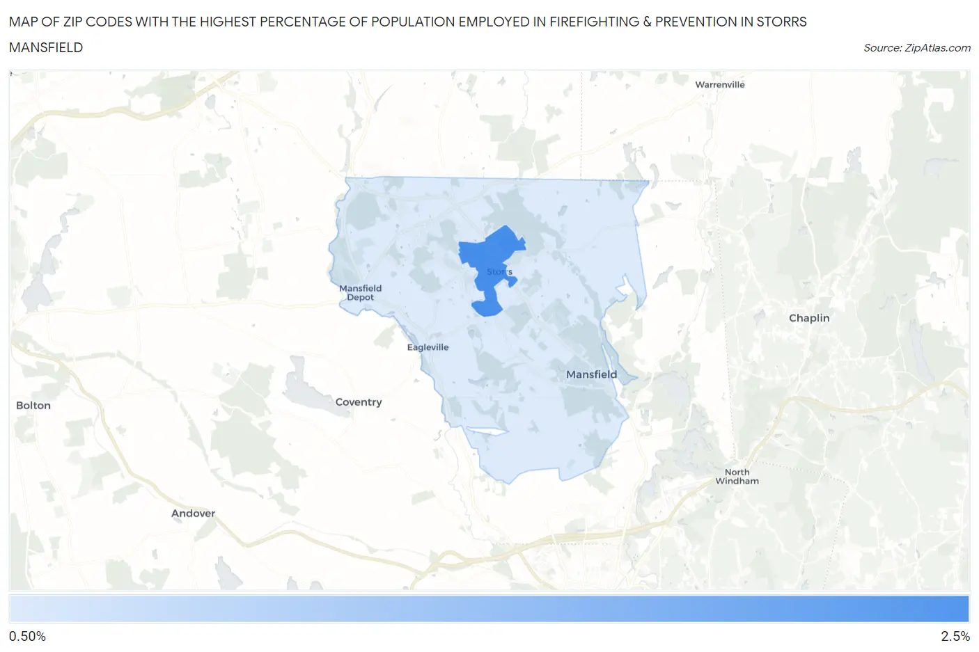 Zip Codes with the Highest Percentage of Population Employed in Firefighting & Prevention in Storrs Mansfield Map