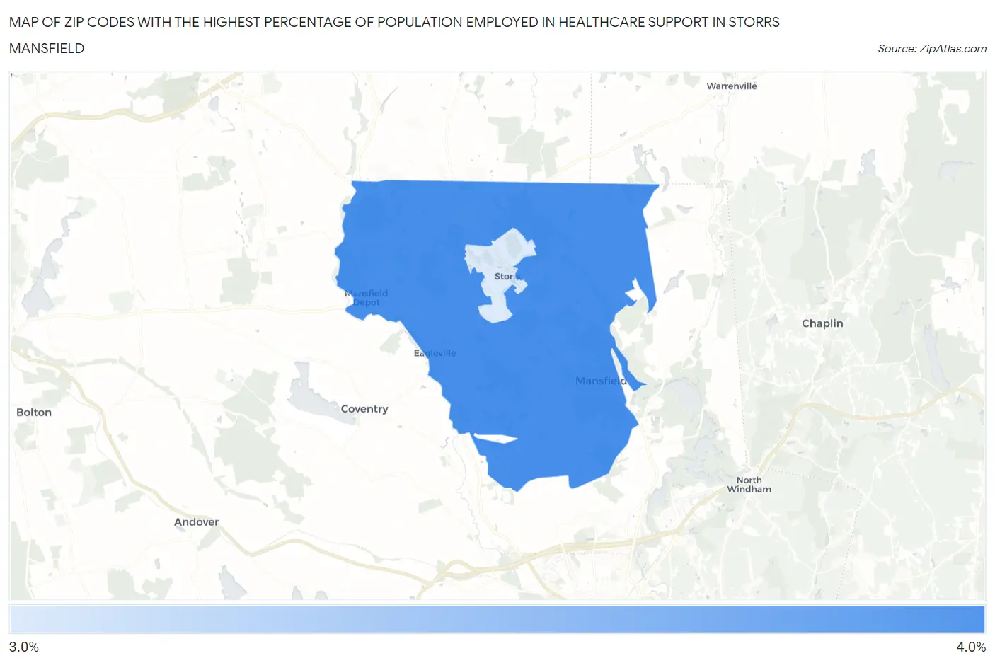 Zip Codes with the Highest Percentage of Population Employed in Healthcare Support in Storrs Mansfield Map