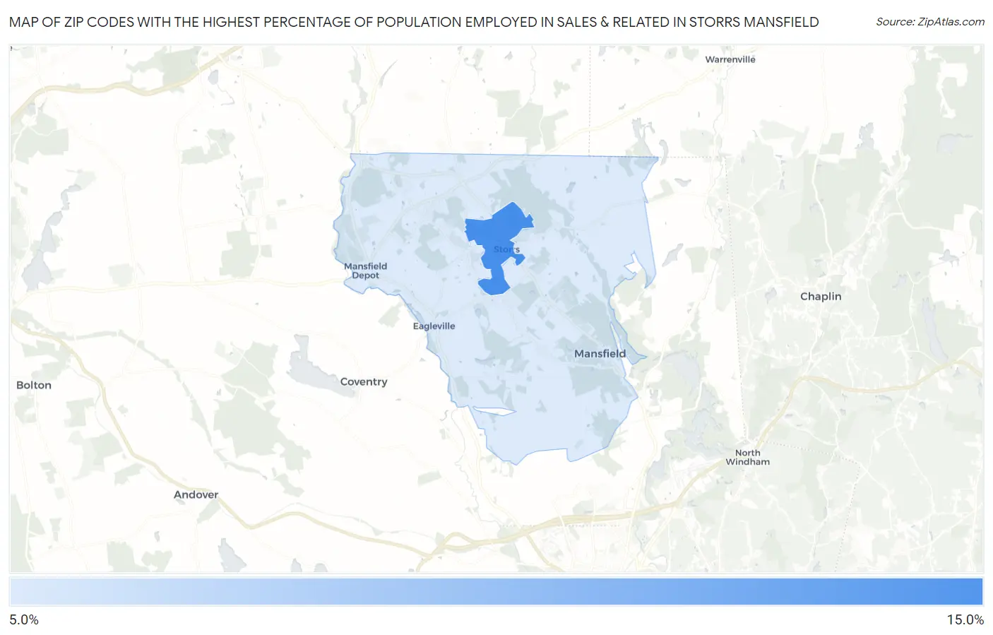 Zip Codes with the Highest Percentage of Population Employed in Sales & Related in Storrs Mansfield Map