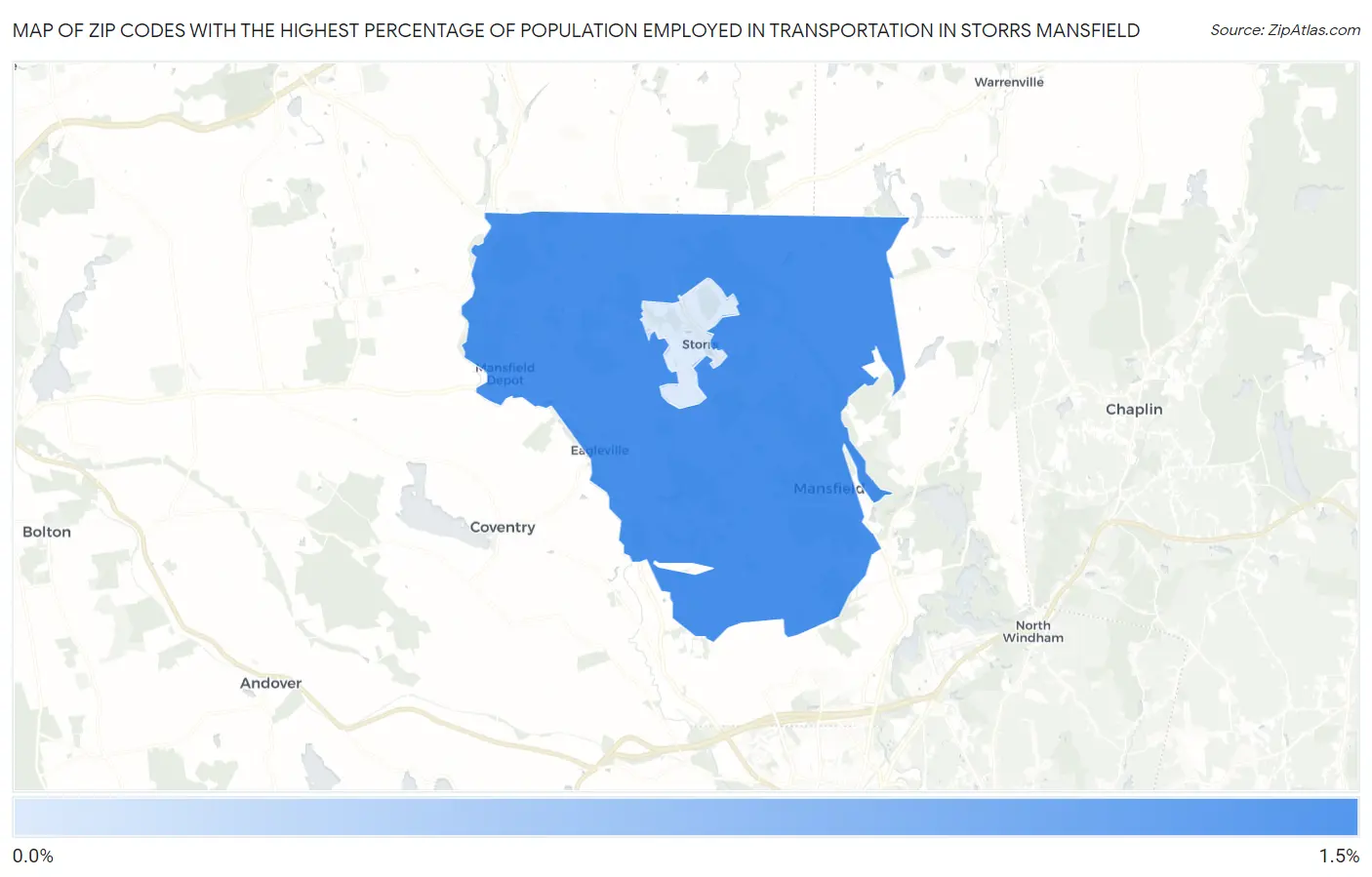 Zip Codes with the Highest Percentage of Population Employed in Transportation in Storrs Mansfield Map