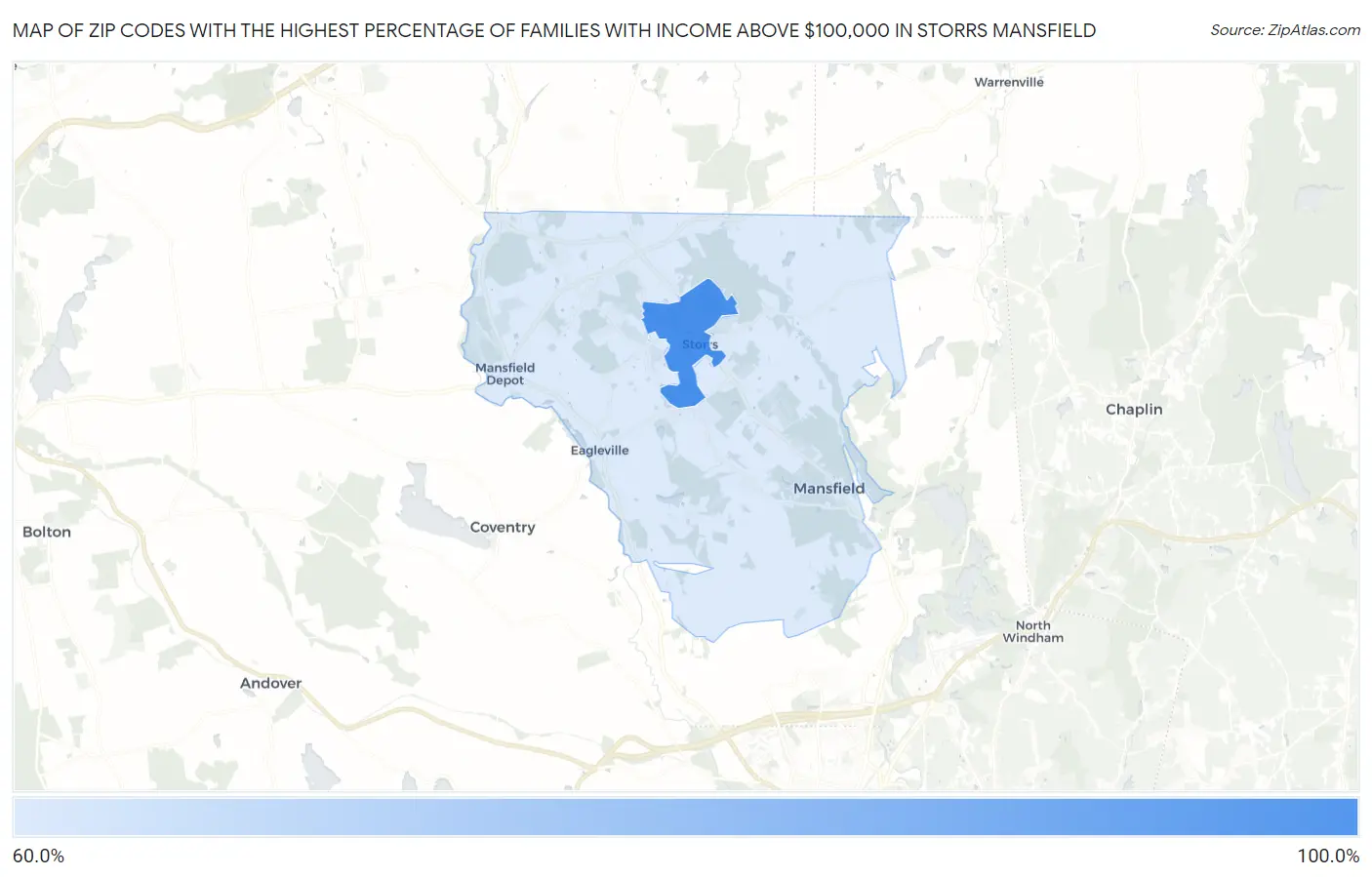 Zip Codes with the Highest Percentage of Families with Income Above $100,000 in Storrs Mansfield Map