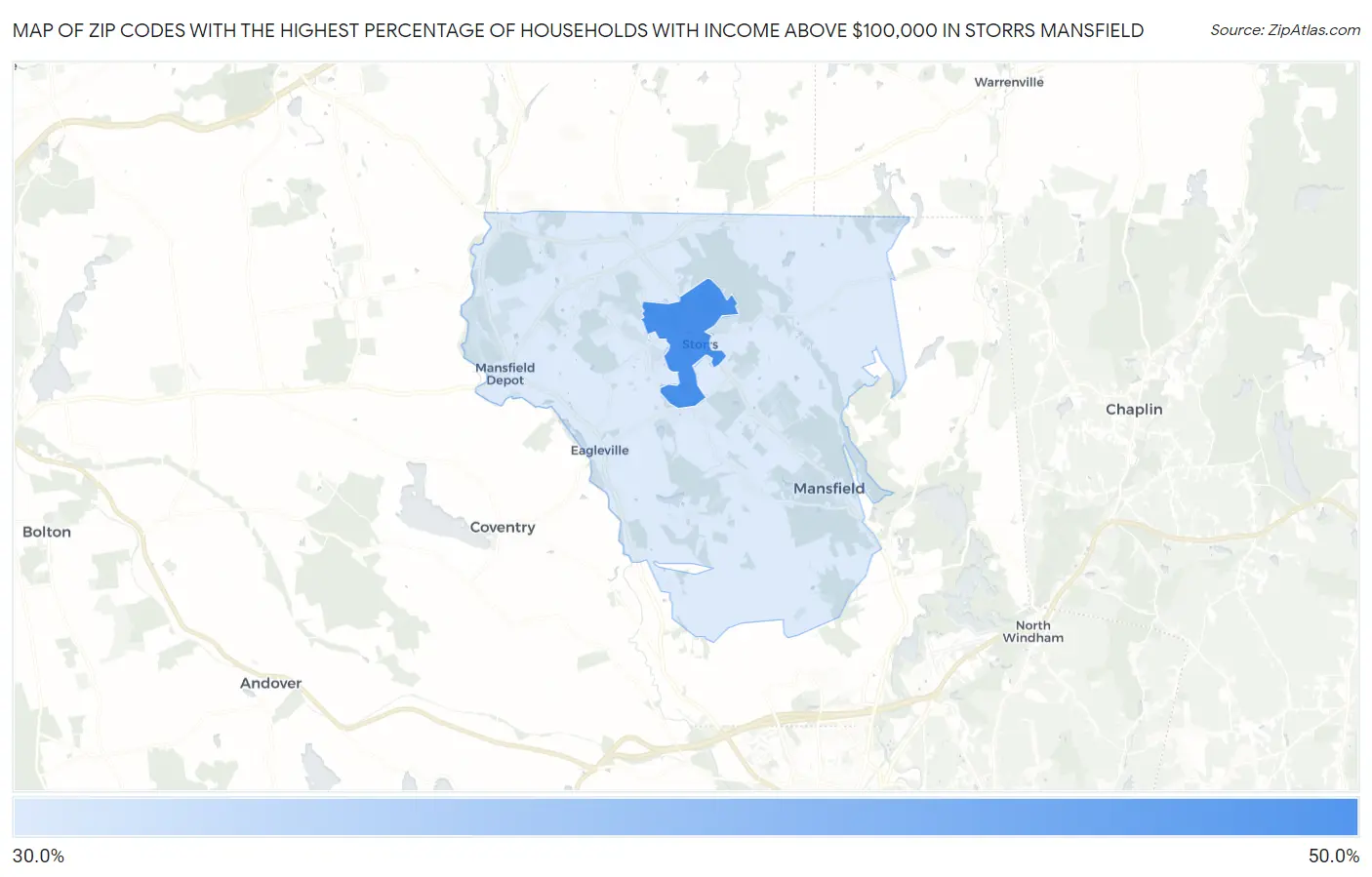 Zip Codes with the Highest Percentage of Households with Income Above $100,000 in Storrs Mansfield Map