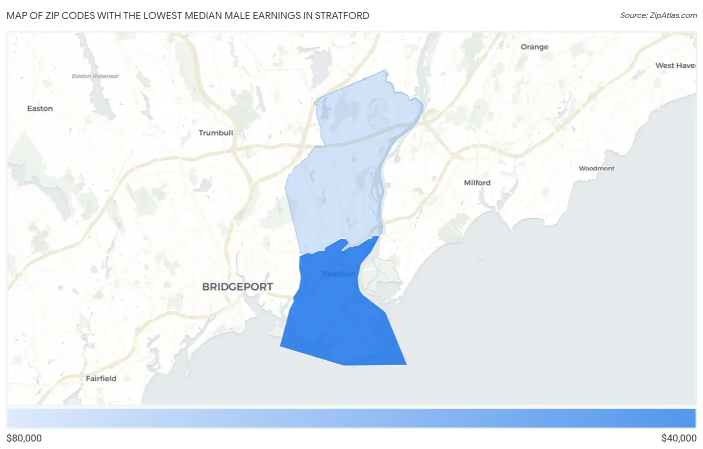 Zip Codes with the Lowest Median Male Earnings in Stratford Map