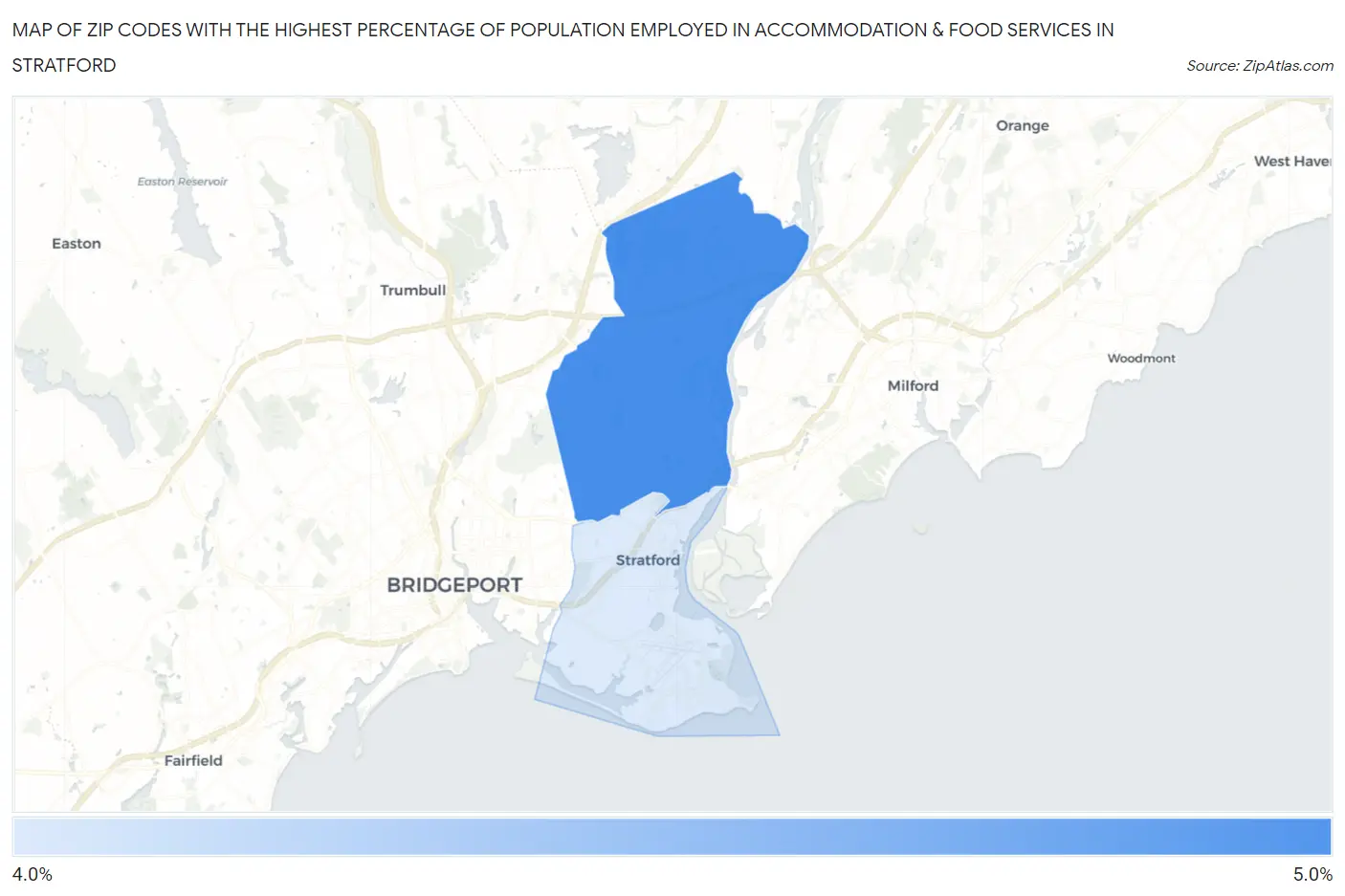 Zip Codes with the Highest Percentage of Population Employed in Accommodation & Food Services in Stratford Map