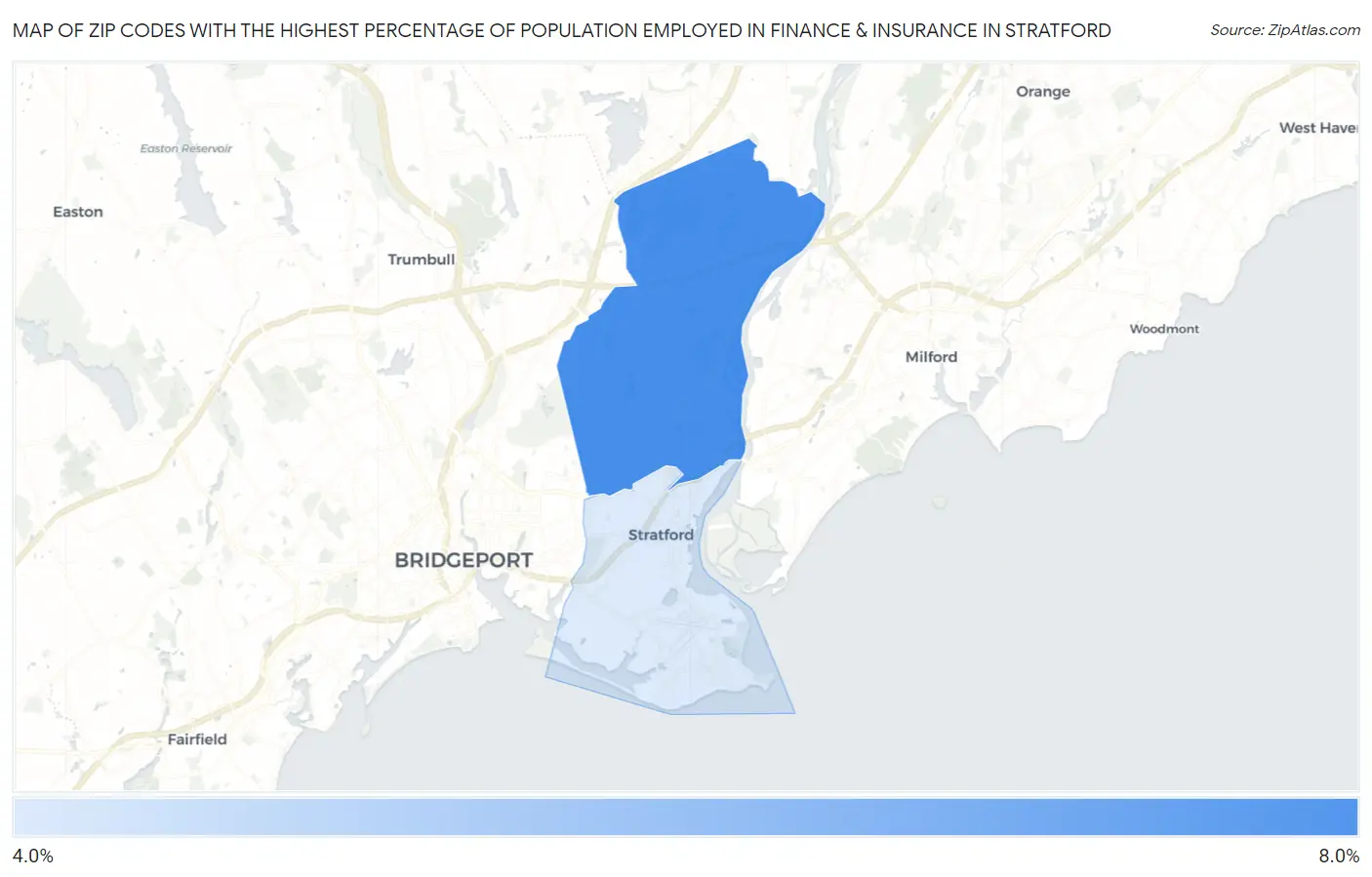 Zip Codes with the Highest Percentage of Population Employed in Finance & Insurance in Stratford Map