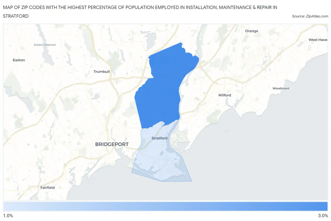 Zip Codes with the Highest Percentage of Population Employed in Installation, Maintenance & Repair in Stratford Map