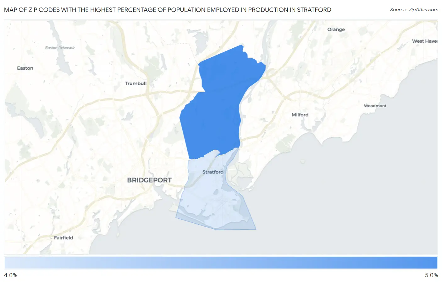 Zip Codes with the Highest Percentage of Population Employed in Production in Stratford Map