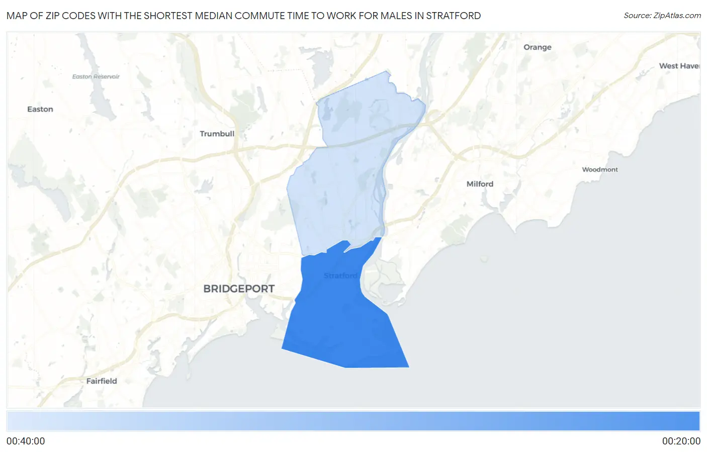 Zip Codes with the Shortest Median Commute Time to Work for Males in Stratford Map
