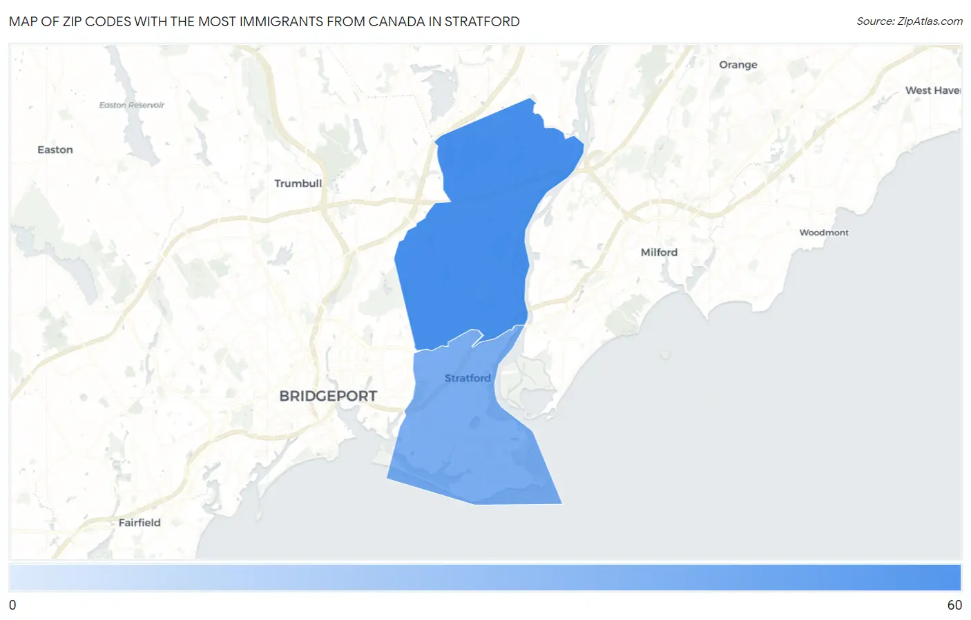 Zip Codes with the Most Immigrants from Canada in Stratford Map
