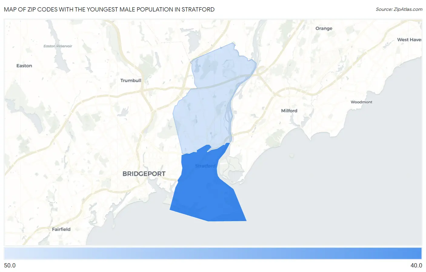 Zip Codes with the Youngest Male Population in Stratford Map