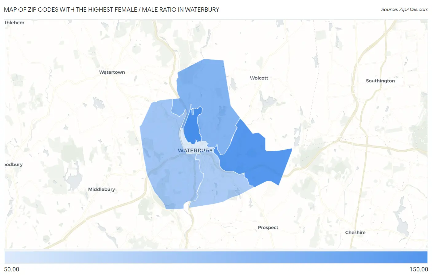 Zip Codes with the Highest Female / Male Ratio in Waterbury Map