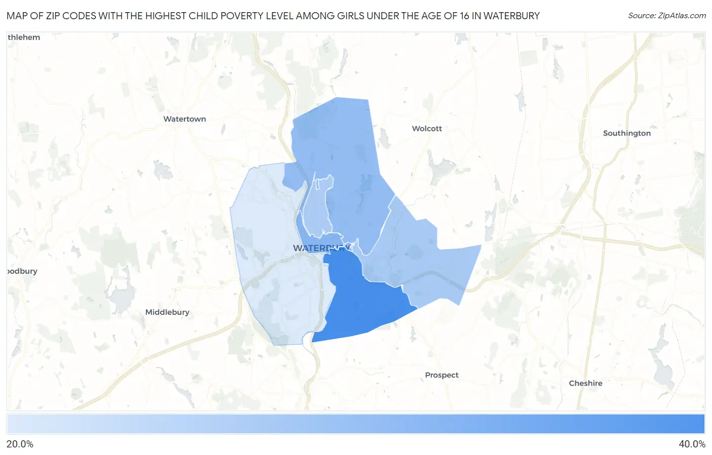 Zip Codes with the Highest Child Poverty Level Among Girls Under the Age of 16 in Waterbury Map