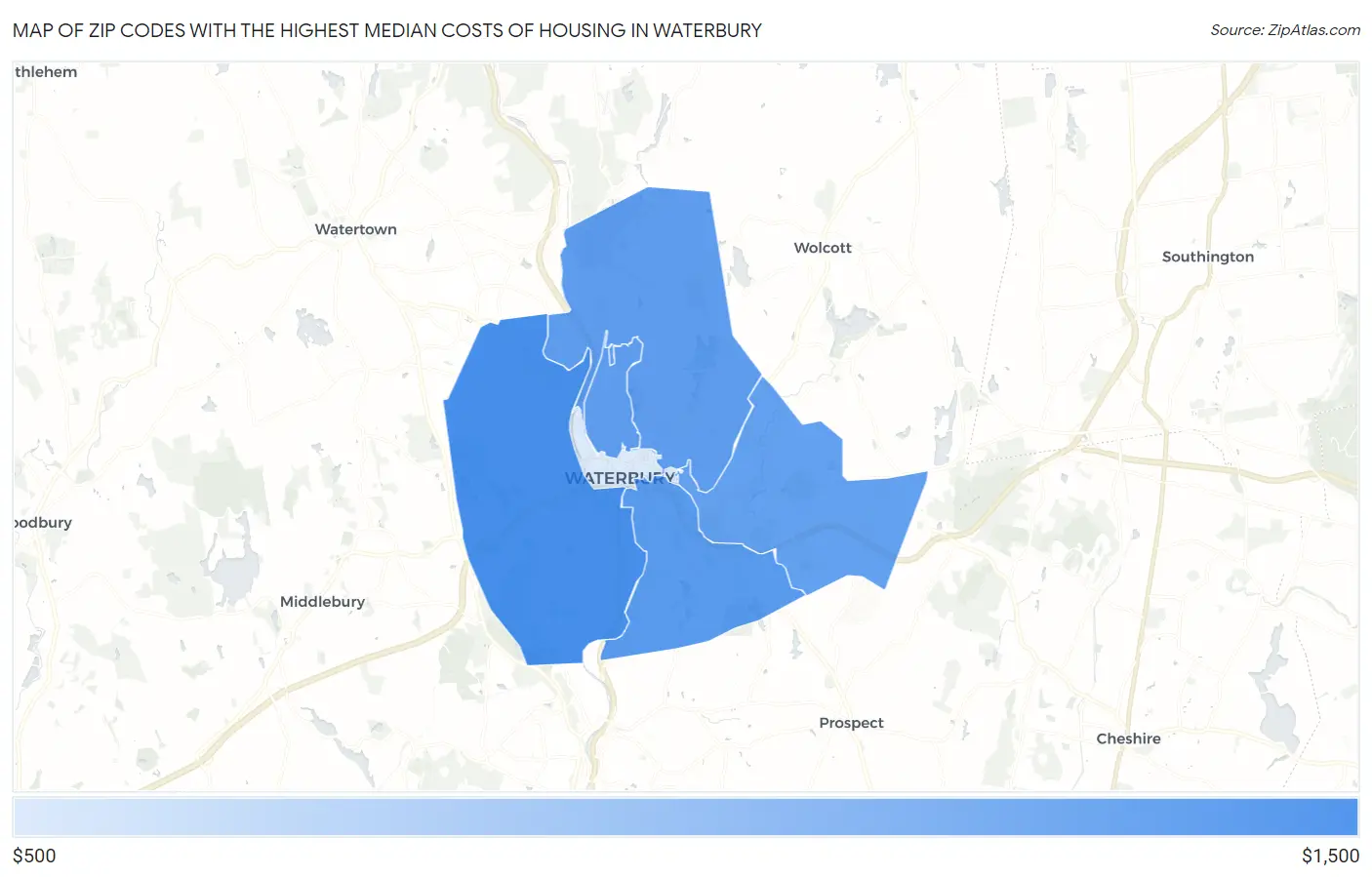 Zip Codes with the Highest Median Costs of Housing in Waterbury Map