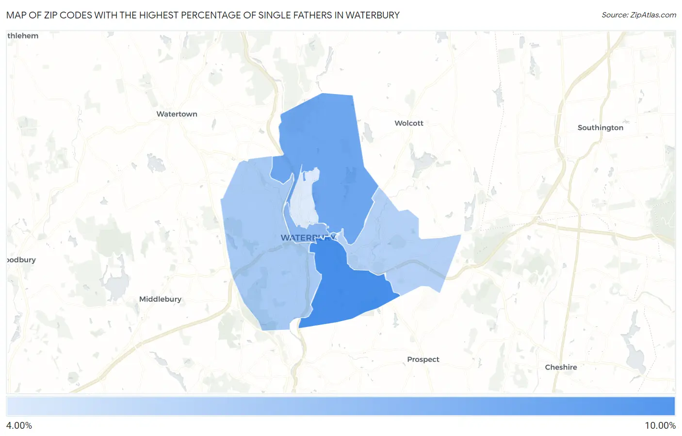 Zip Codes with the Highest Percentage of Single Fathers in Waterbury Map