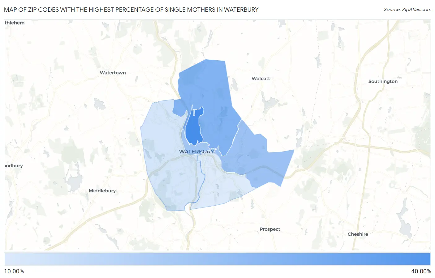 Zip Codes with the Highest Percentage of Single Mothers in Waterbury Map