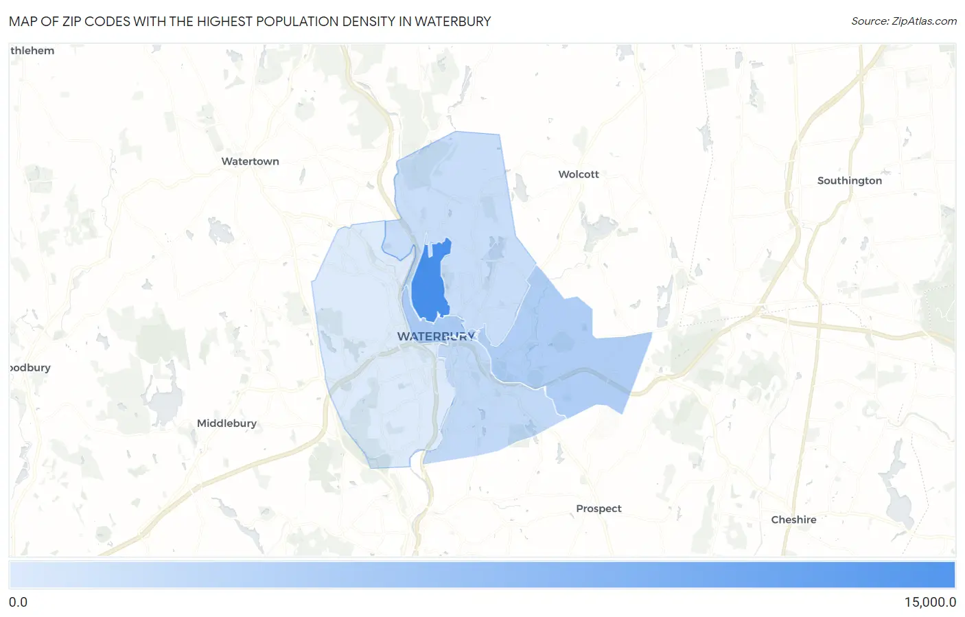 Zip Codes with the Highest Population Density in Waterbury Map