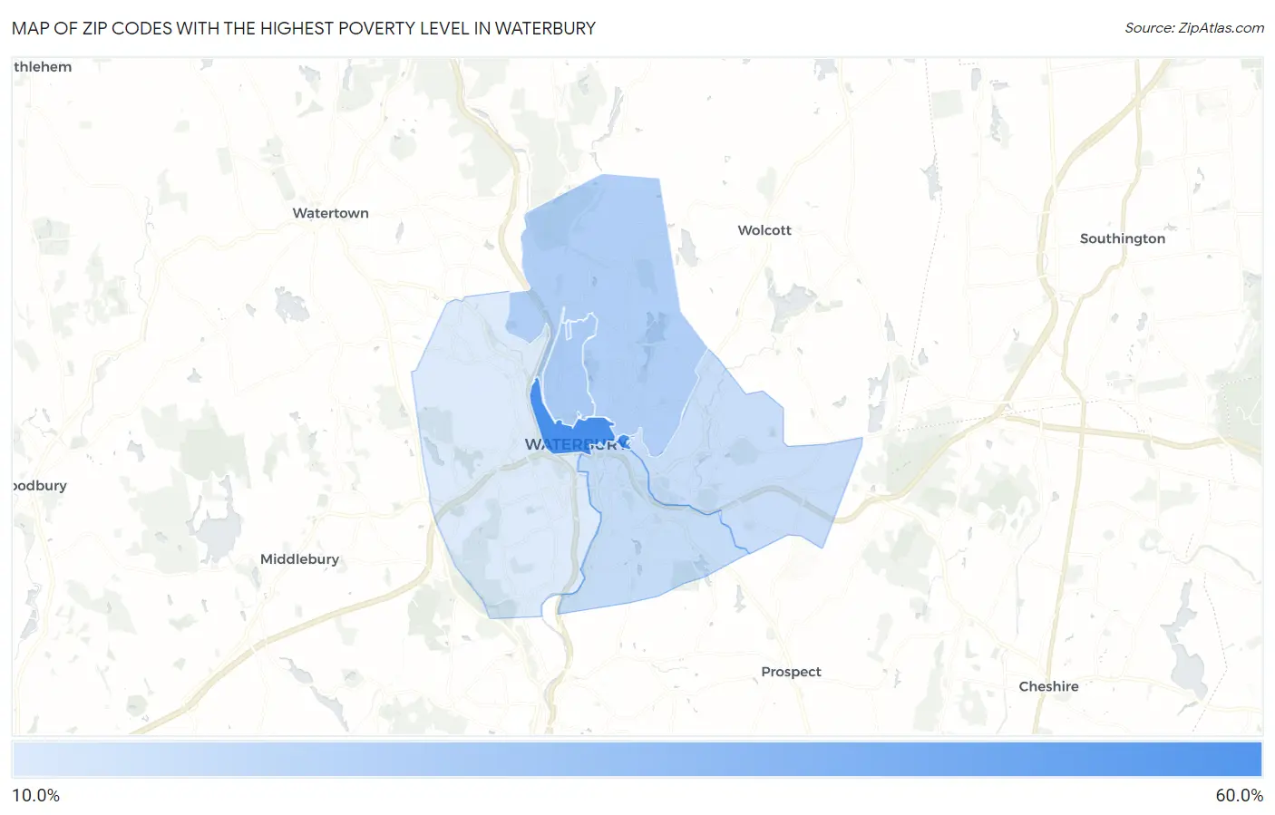 Zip Codes with the Highest Poverty Level in Waterbury Map