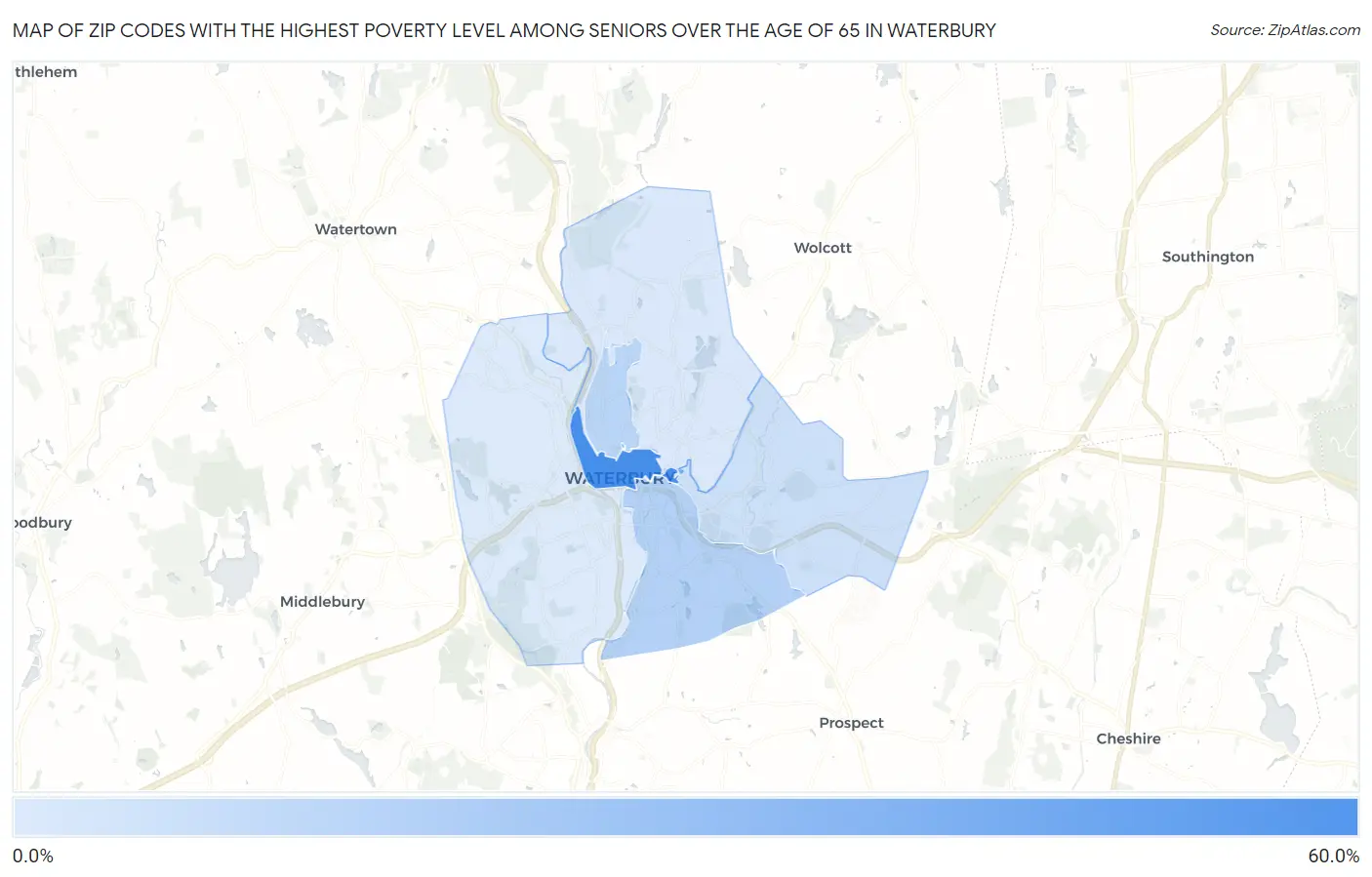 Zip Codes with the Highest Poverty Level Among Seniors Over the Age of 65 in Waterbury Map