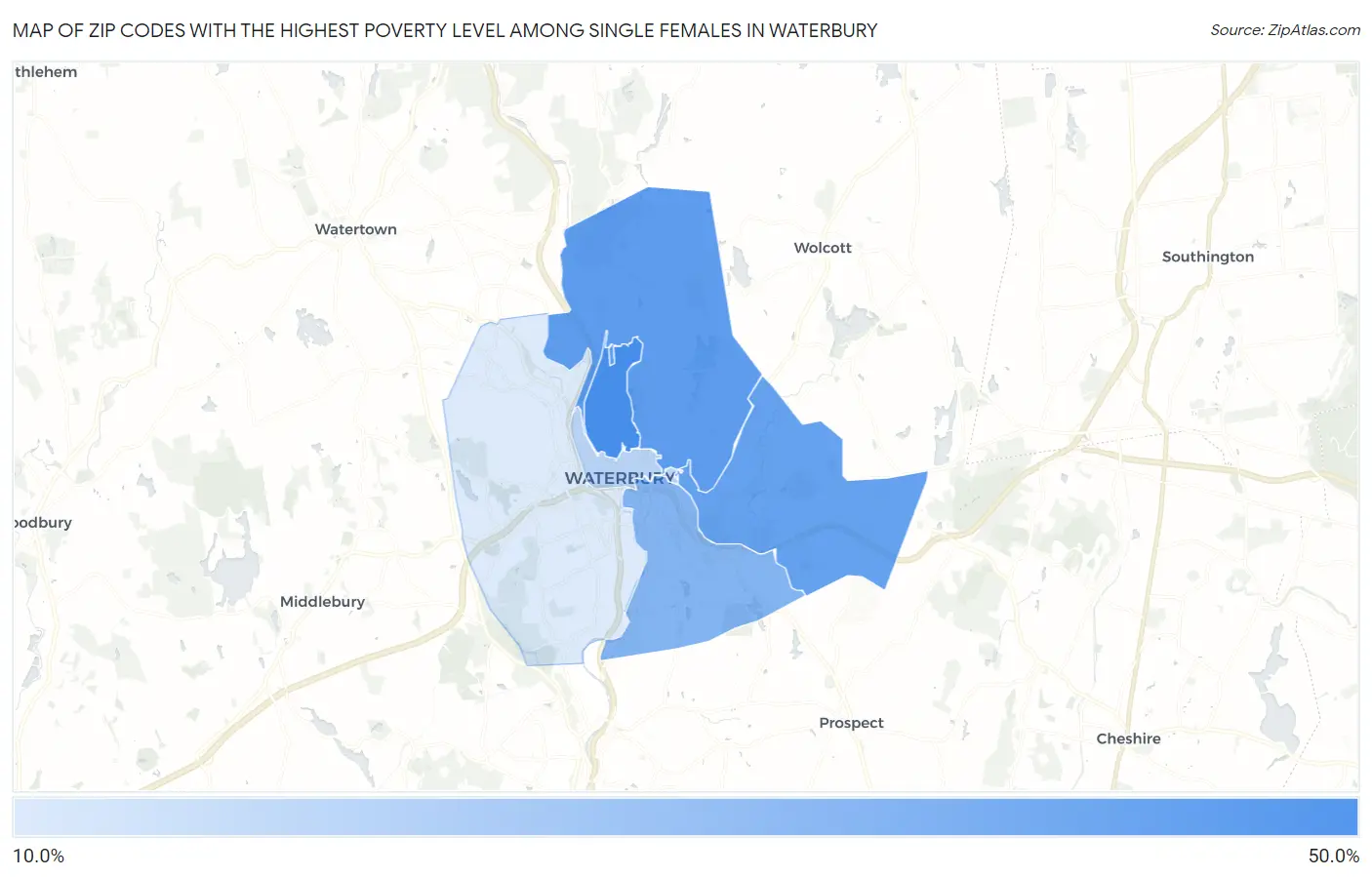 Zip Codes with the Highest Poverty Level Among Single Females in Waterbury Map