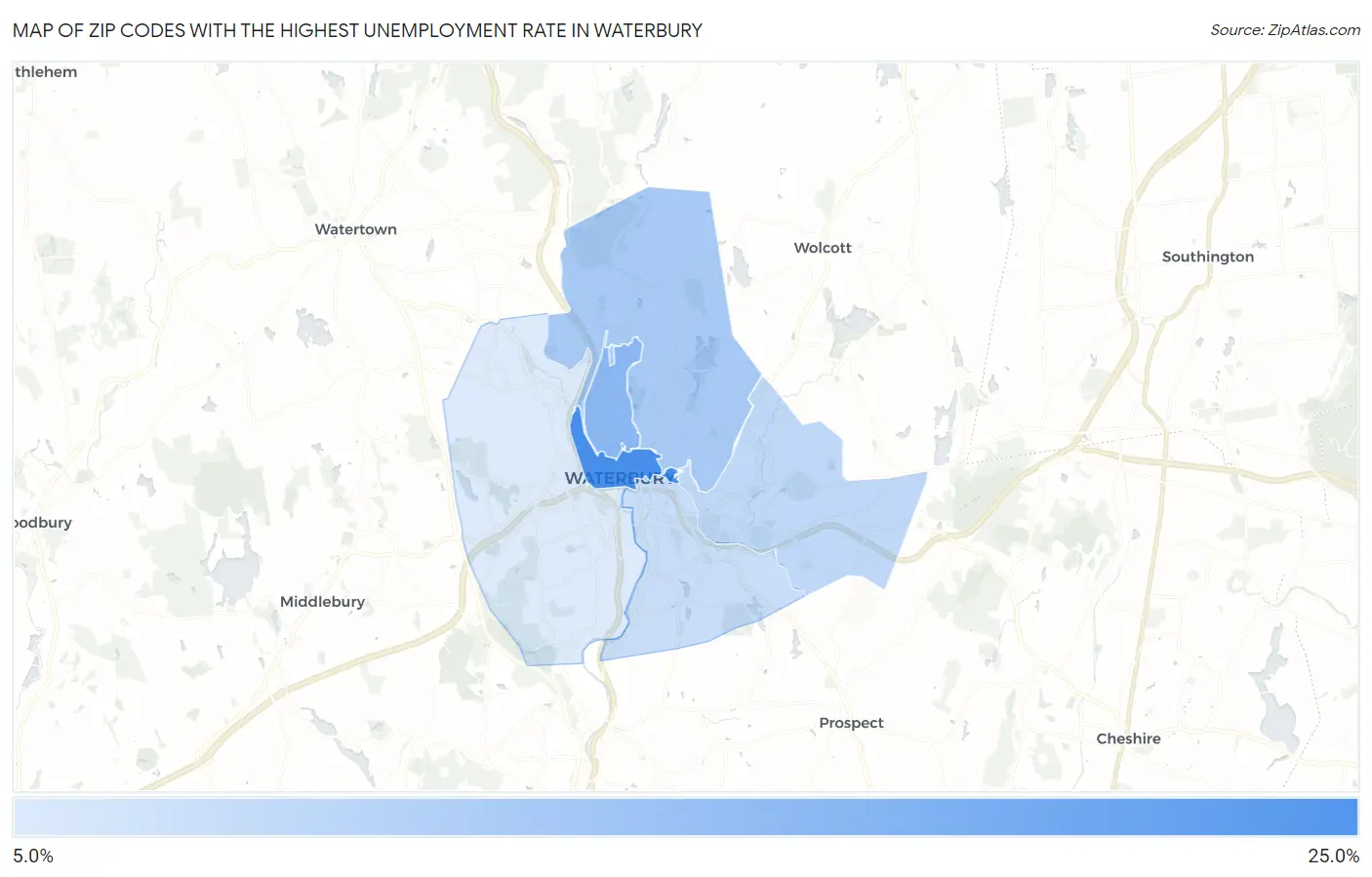 Zip Codes with the Highest Unemployment Rate in Waterbury Map