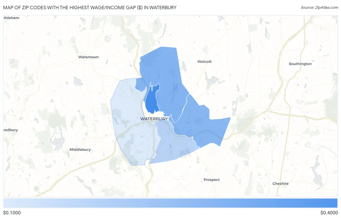 Zip Codes with the Highest Wage/Income Gap ($) in Waterbury Map