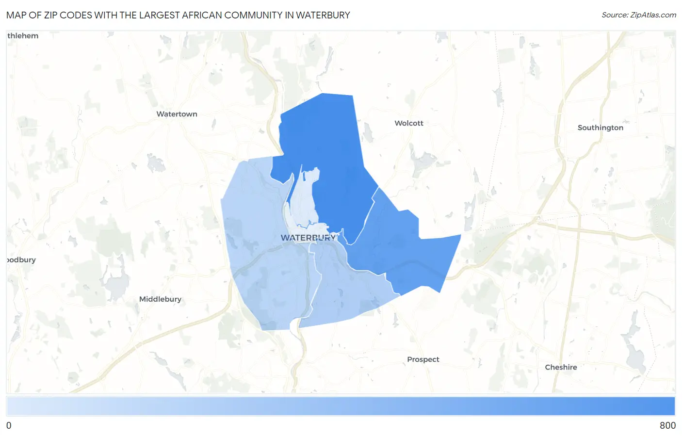 Zip Codes with the Largest African Community in Waterbury Map