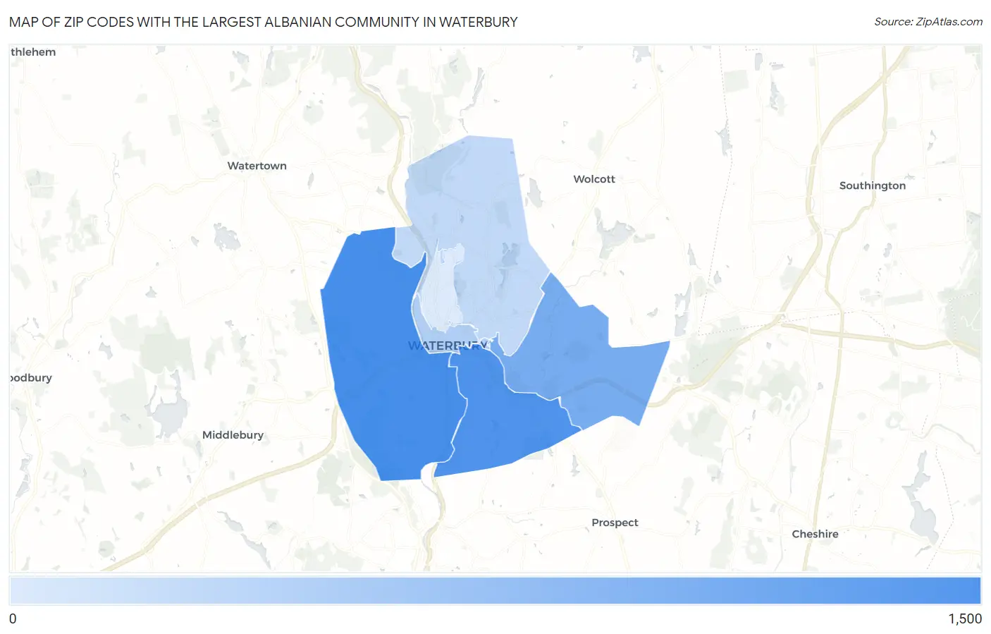 Zip Codes with the Largest Albanian Community in Waterbury Map