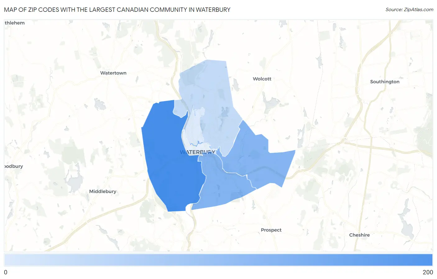 Zip Codes with the Largest Canadian Community in Waterbury Map