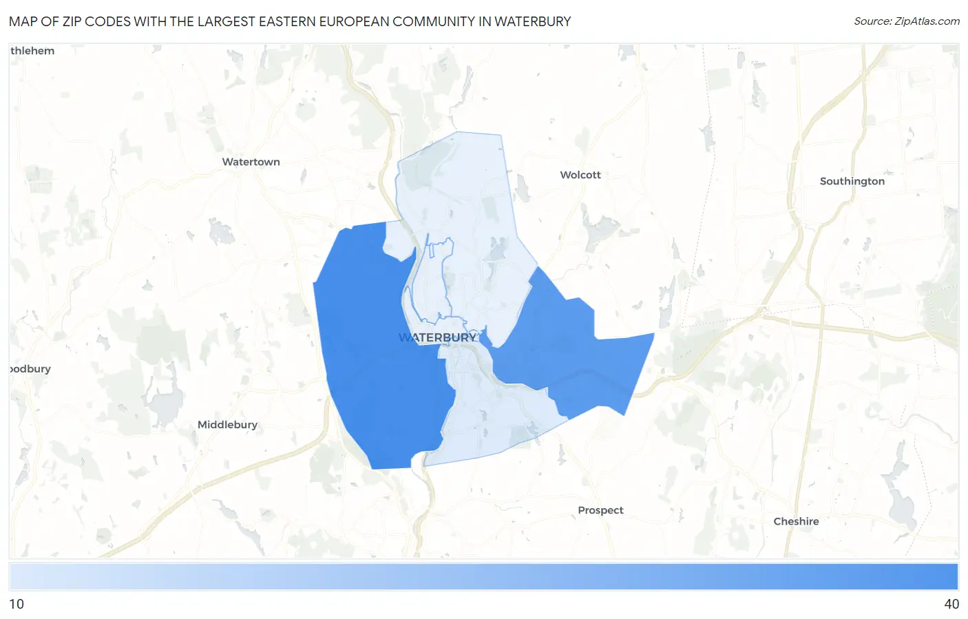 Zip Codes with the Largest Eastern European Community in Waterbury Map