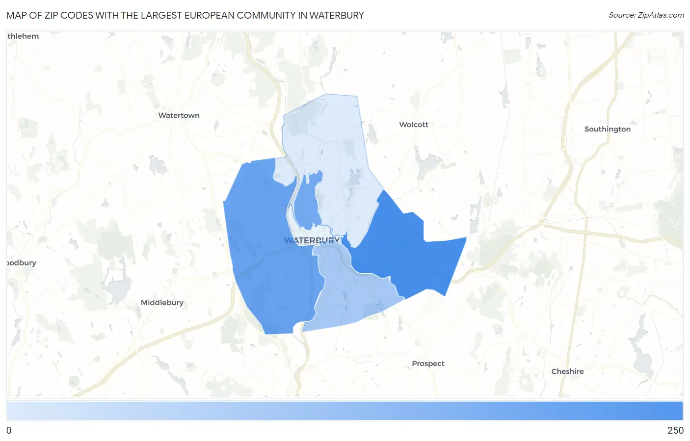 Zip Codes with the Largest European Community in Waterbury Map