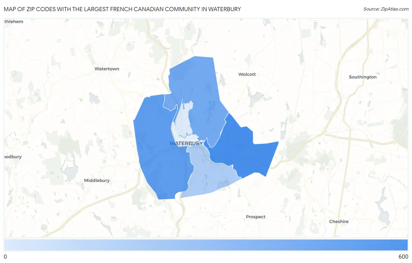 Zip Codes with the Largest French Canadian Community in Waterbury Map