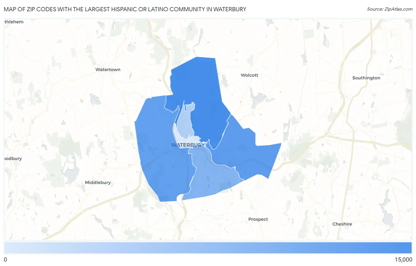 Zip Codes with the Largest Hispanic or Latino Community in Waterbury Map