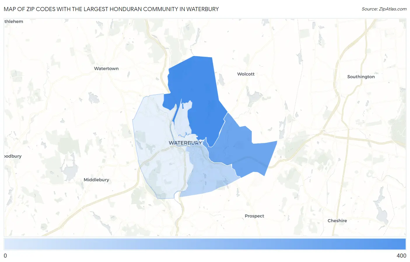 Zip Codes with the Largest Honduran Community in Waterbury Map
