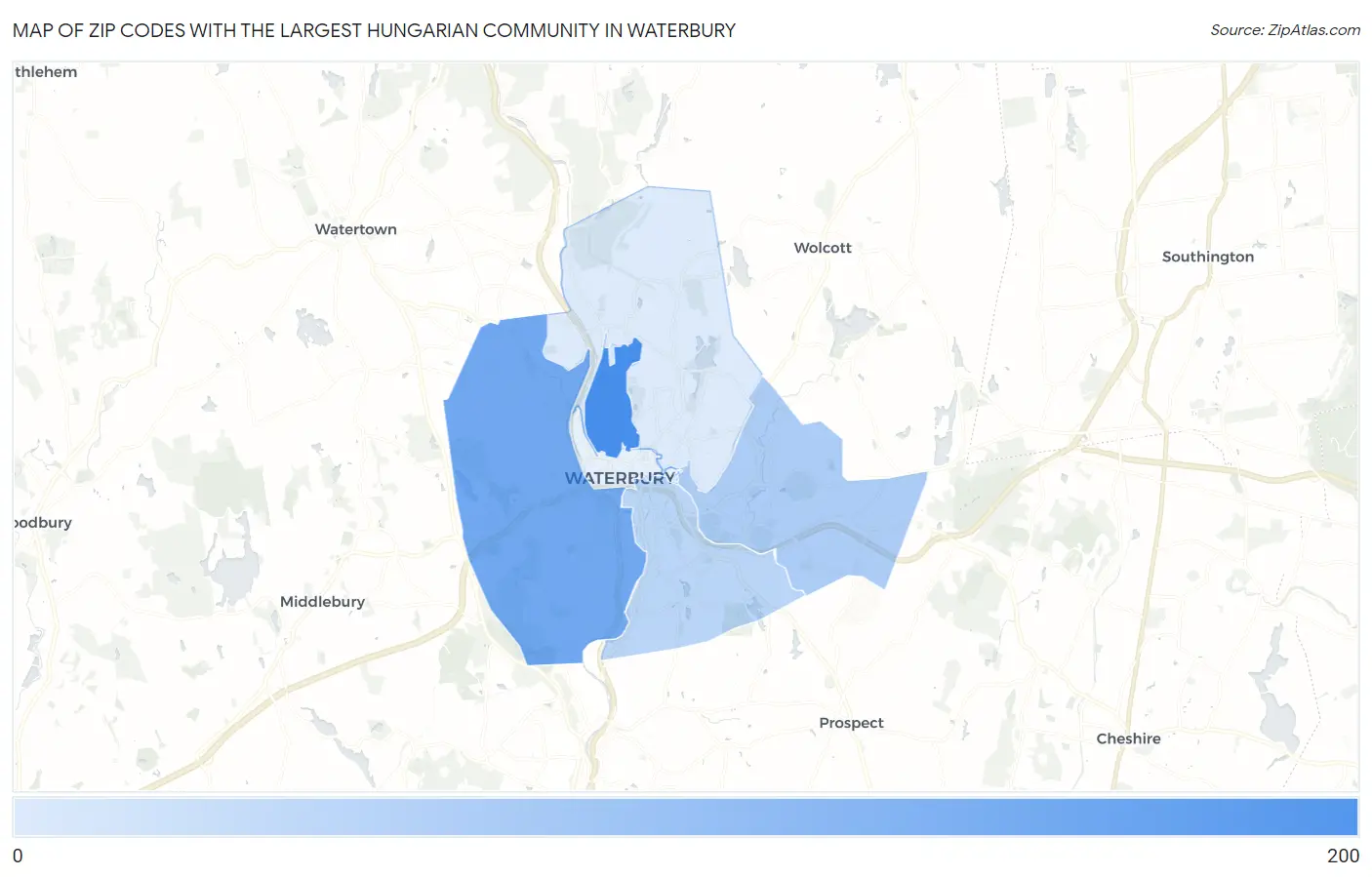 Zip Codes with the Largest Hungarian Community in Waterbury Map