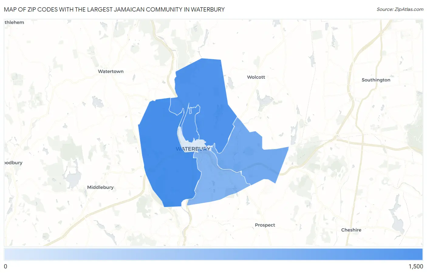 Zip Codes with the Largest Jamaican Community in Waterbury Map